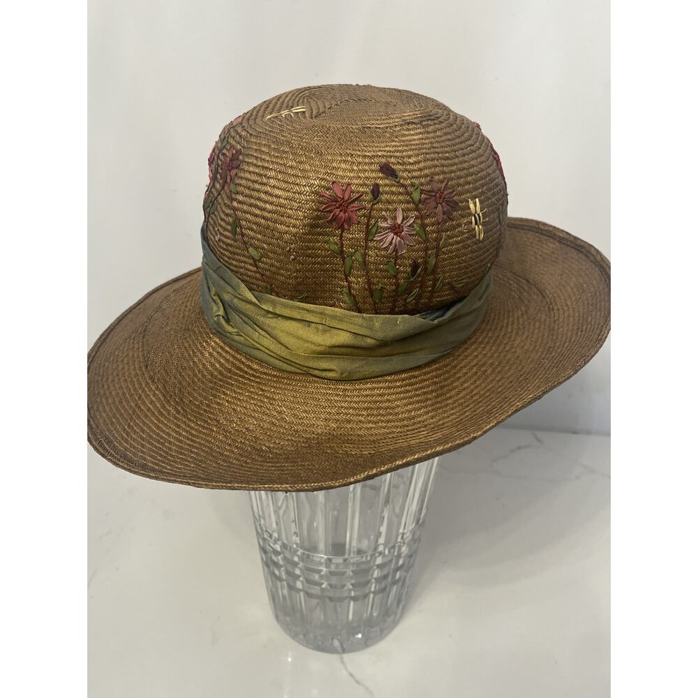 Maya Neumann Womens Straw Hat S Embroidery Flowers Ribbon Brown Packable 6" Band
